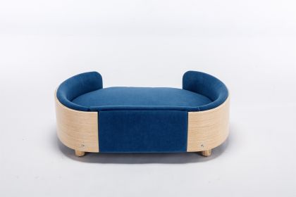Scandinavian style Elevated Dog Bed Pet Sofa With Solid Wood legs and Bent Wood Back, Velvet Cushion,Mid Size,Dark Blue