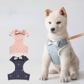 Pet leash Bowknot pet chest strap vest cat dog leash (Specifications (length * width): S, Color: Light blue flowers)