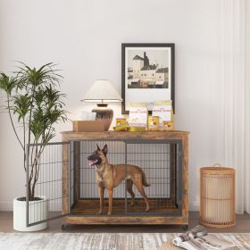 Furniture Style Dog Crate Side Table on Wheels with Double Doors and Lift Top (Color: Rustic Brown)
